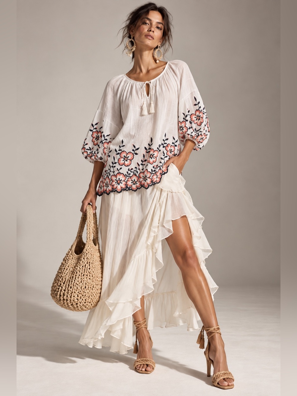White Floral Embroidered Anthropologie Top Sz PL Scallop Women Boho Tunic Cotton